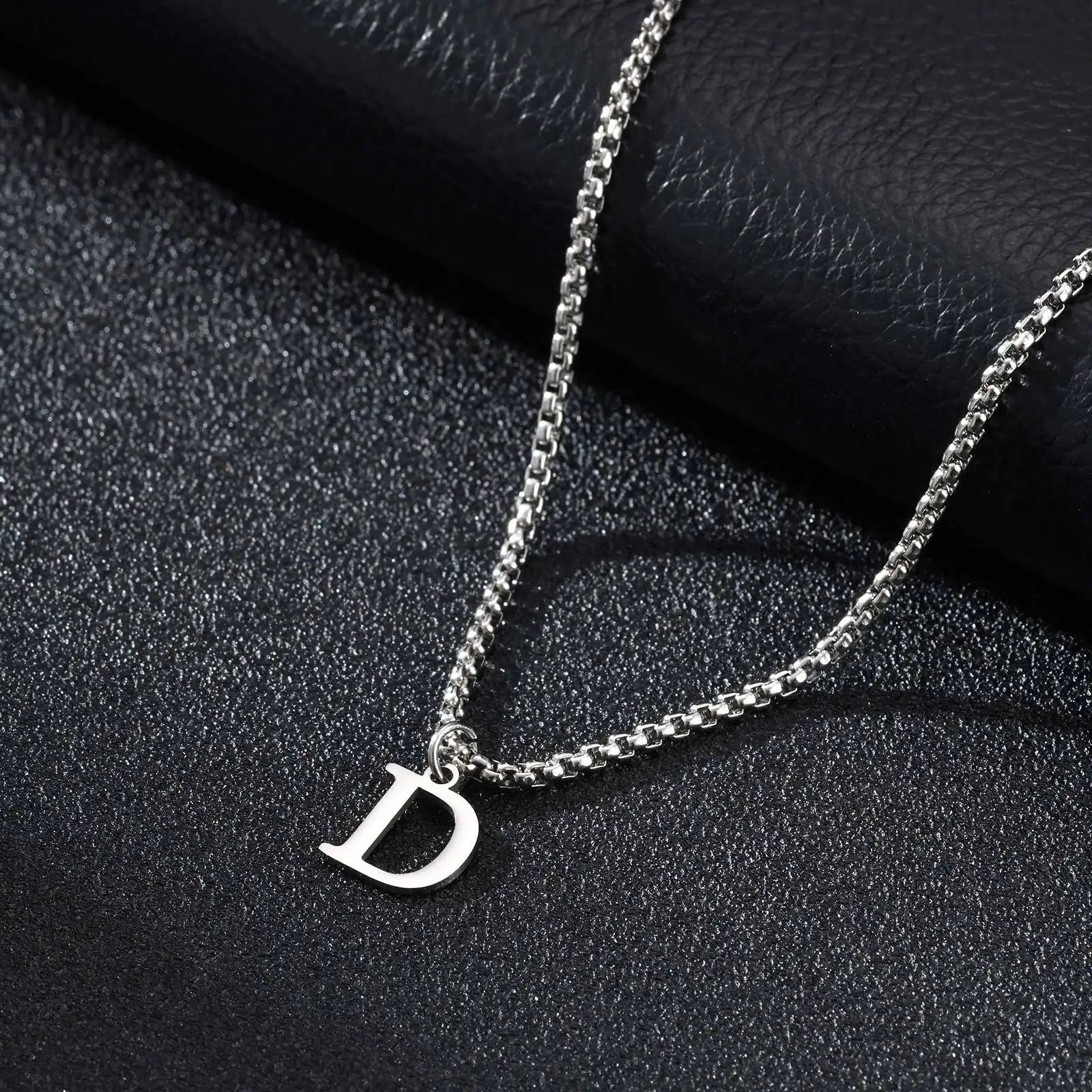 Minimal A-Z Initial Necklace for Men | Stainless Steel Letter Pendant close-up view