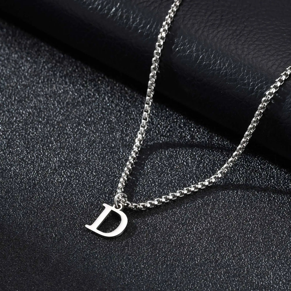 Minimal A-Z Initial Necklace for Men | Stainless Steel Letter Pendant close-up view