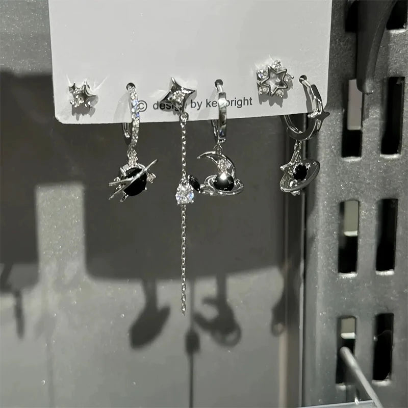 6PCS Goth Punk Vintage Aesthetic Crystal Heart Moon Cross Star Pendant Earrings Set | alternate view
