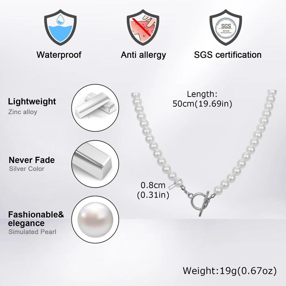8mm Pearl Necklace for Men Women,White Imitation Pearl Beaded Collar,Casual Jewelry Gift detail view