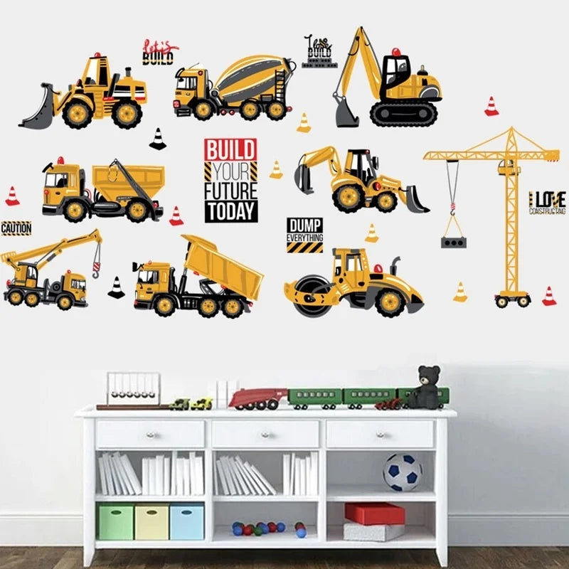 Cartoon Excavator Construction Wall Decals | Baby Boy Nursery Kids Room Stickers lifestyle view