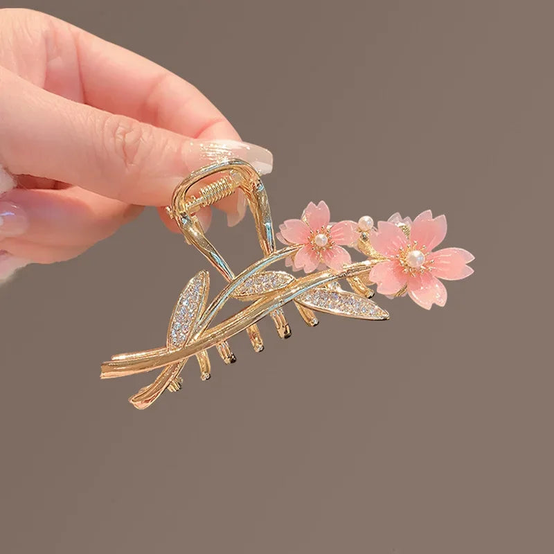 Shiny Rhinestone Pearl Sakura Hair Clip Women's Back of Head Flower Hair Claw Elega additional angle