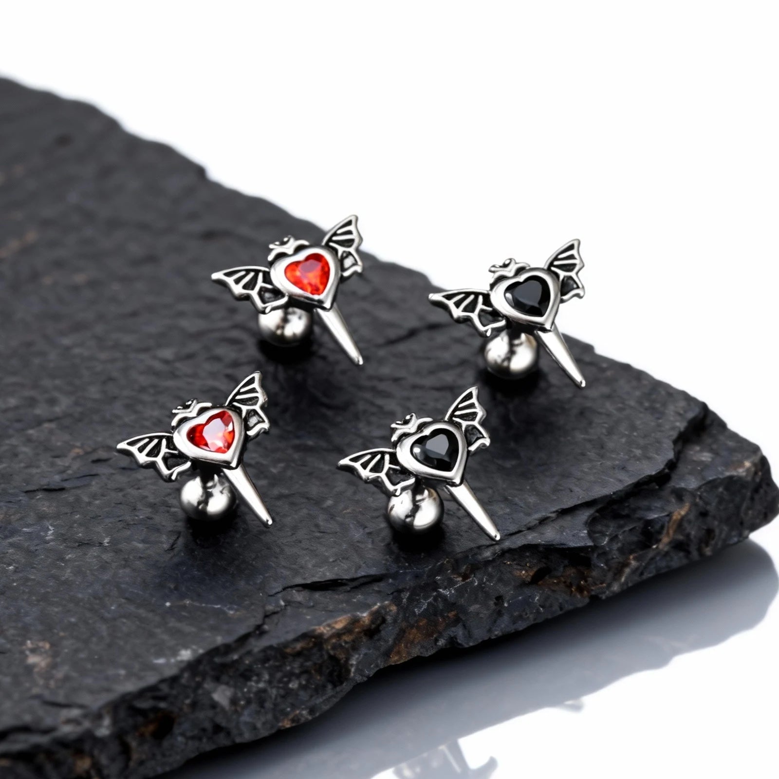 Gothic Wings Stud Earrings for Men Women,Vintage Stainless Steel Heart Zircon Sword Stud detail view
