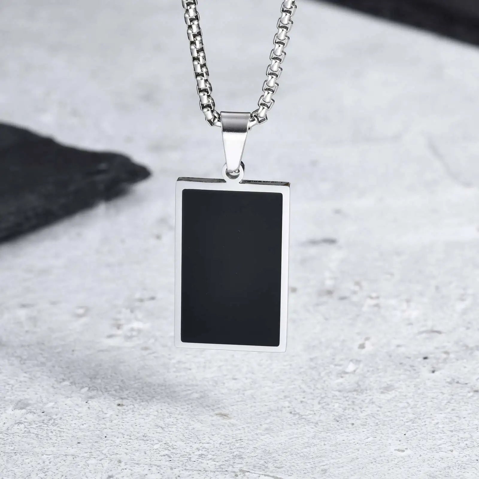 Men's Geometric Square Necklace | Black Enamel Rectangle Pendant with Rope Chain lifestyle view