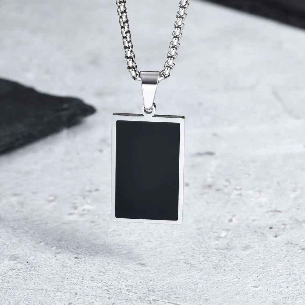 Men's Geometric Square Necklace | Black Enamel Rectangle Pendant with Rope Chain lifestyle view