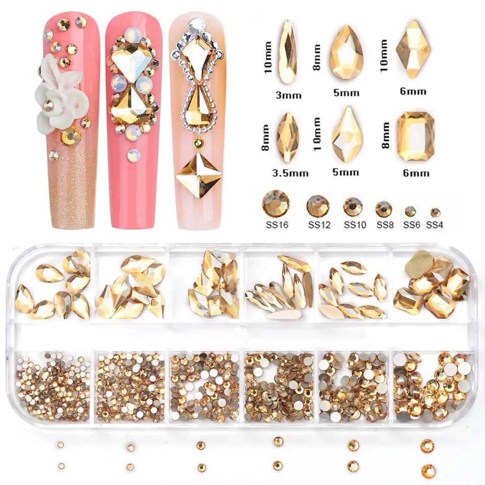 12 Grids Golden Shadow Flatback Rhinestones Glitter Nail Charms Crystal Diamond Nail Art Decoration