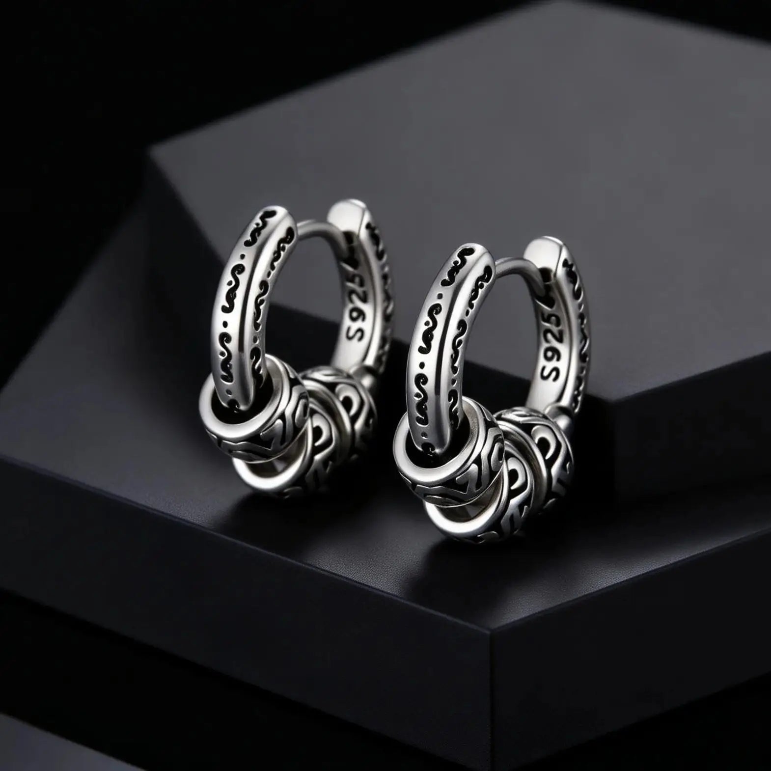 Vintage Totem Vine Pattern Hoop Earrings for Men, Hypoallergenic Metal Huggies Earrin lifestyle view