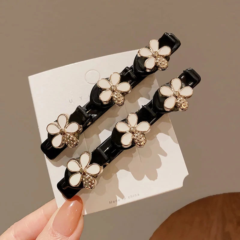 2pcs Korean Style Rhinestone Braided Hair Clip for Woman Elegant Temperament Duckbill Clip Fashion Girl's Side Clip Hairpin