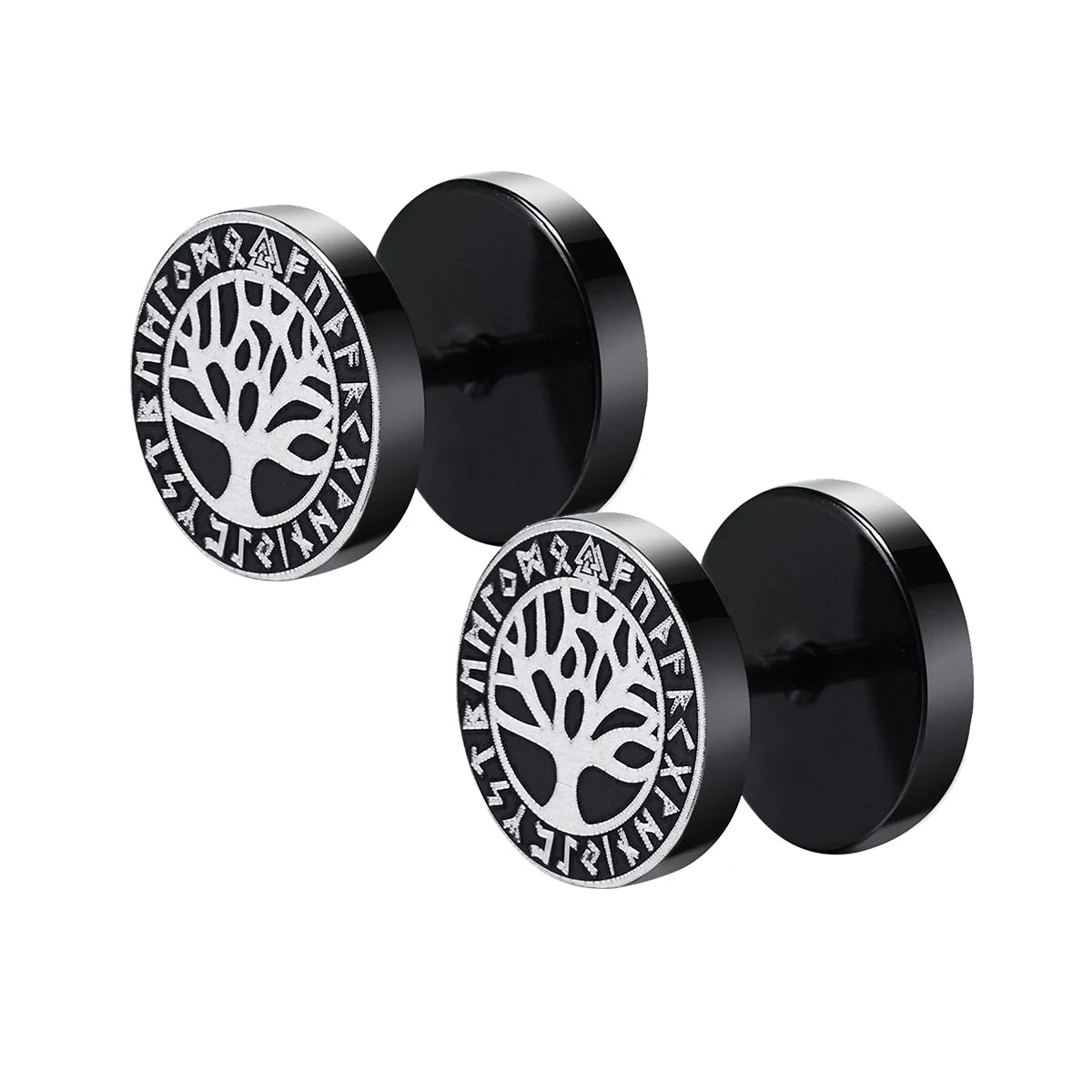 Gothic Norse Viking Runes Stud Earrings for Men | Stainless Steel Punk Jewelry close-up view
