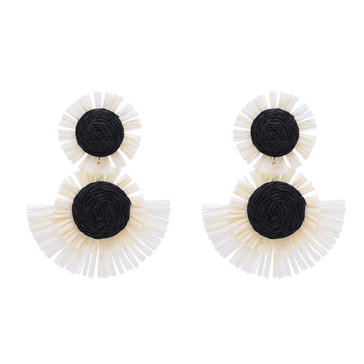 Black And White Raffia Fan Dangle Earrings | Bohemian Tribal Handmade Jewelry alternate view
