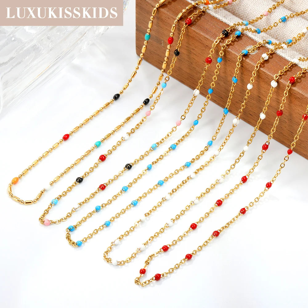 LUXUKISSKIDS Sweet Multicolor Drip-Oil Beads Necklace Women's Bohemia Stylish Clavicle Choker Simple