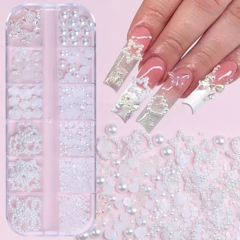 500PCS 3D Nail Art Decoration Kit with Resin Bows, Flat Back Pearls, and Assorted Shapes detail view