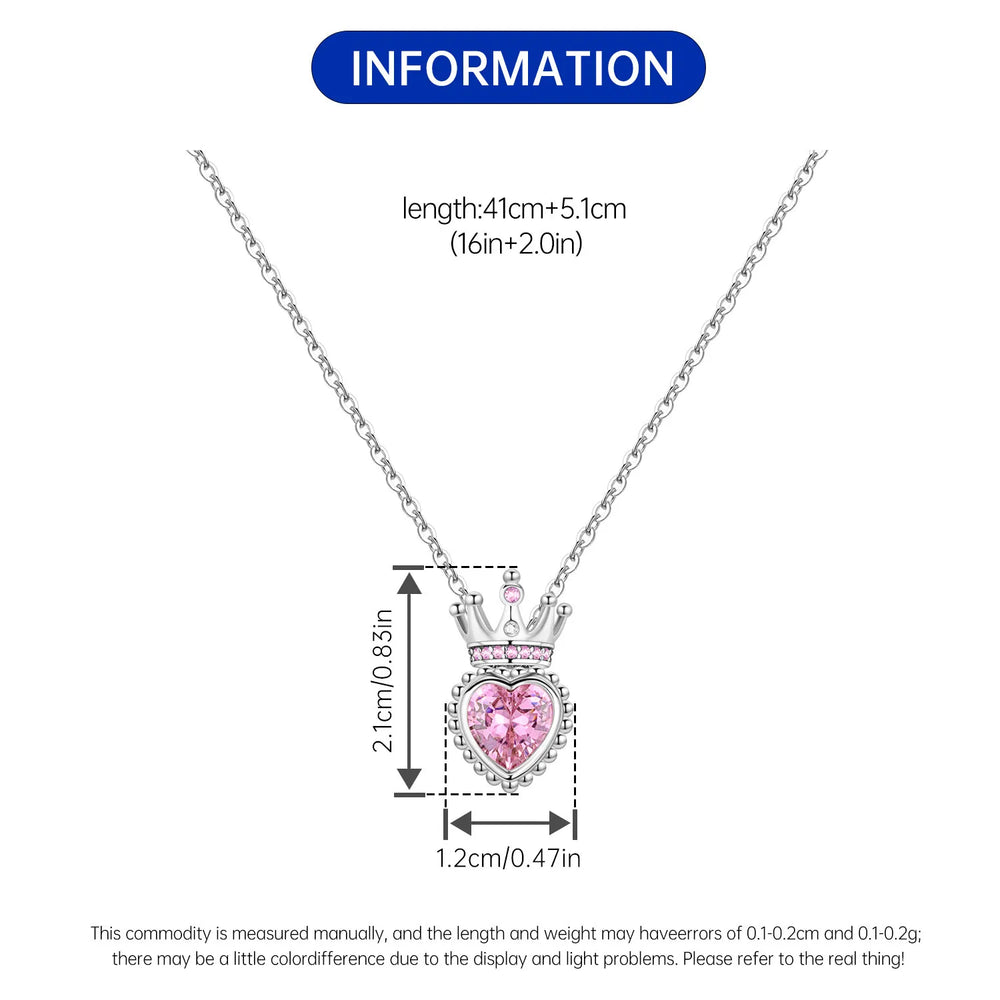 Romantic Pink Crown Heart Pendant Necklace Genuine 925 Sterling Silver Elegant Fine Je close-up view