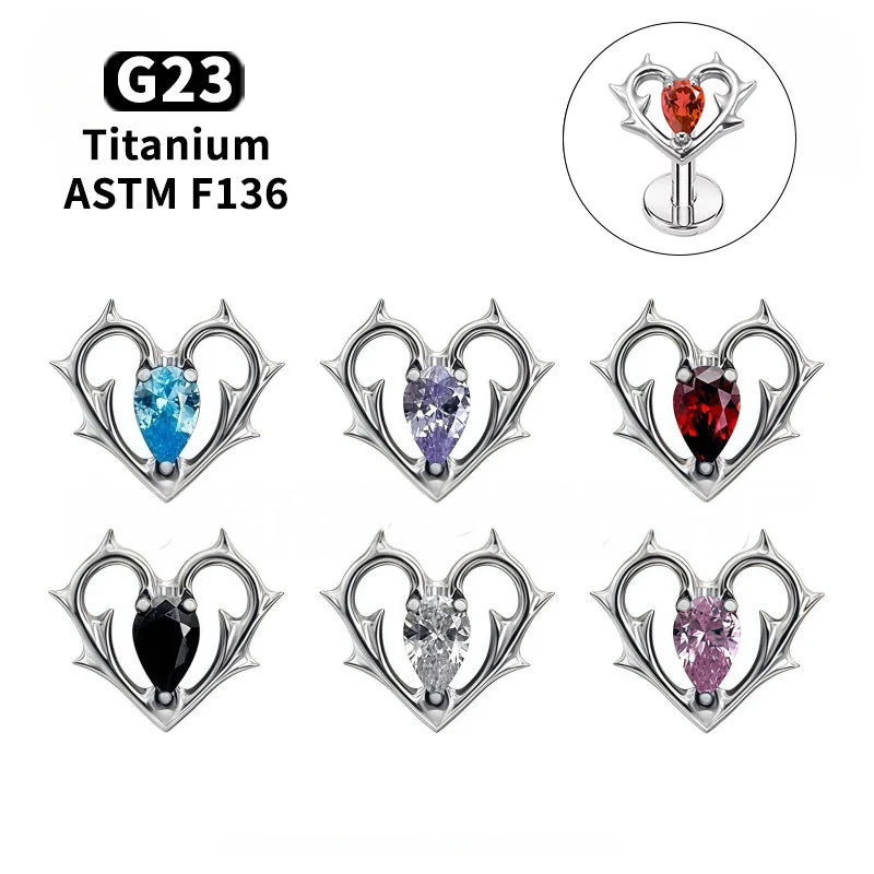 G23 Titanium Lip Piercing Stud Earring with Heart Design Teardrop CZ Nose Stud Intern alternate view