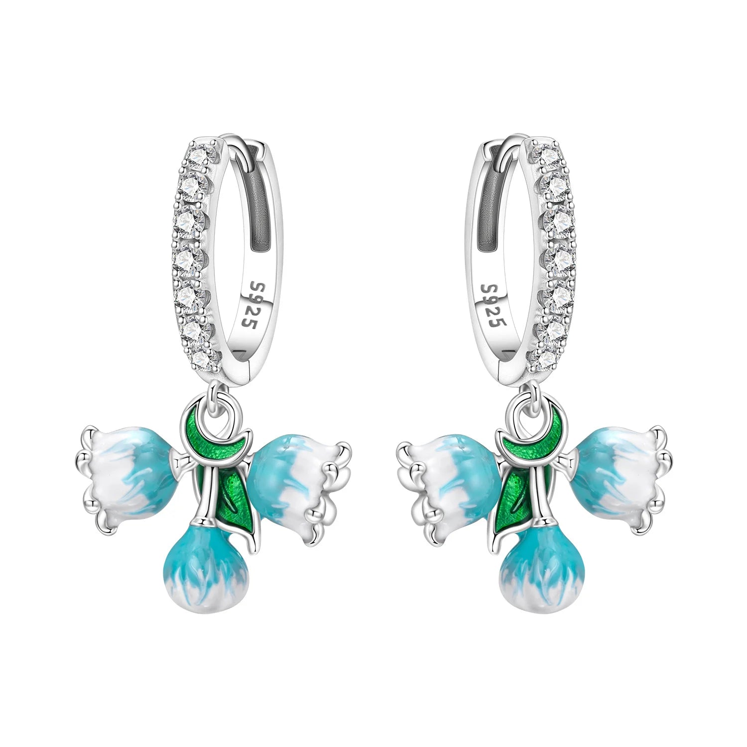 Orstarry Original 925 Sterling Silver Blue Iris Flower Earrings Women Hoop Earring additional angle