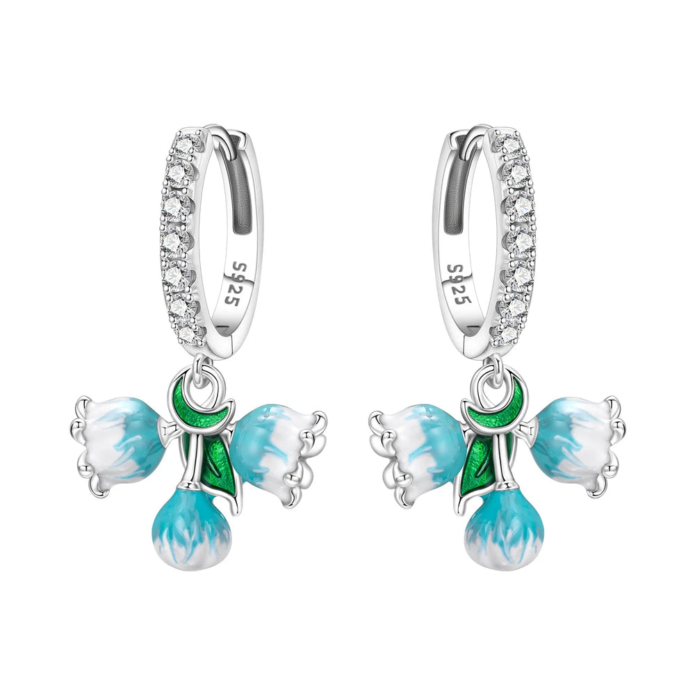 Orstarry Original 925 Sterling Silver Blue Iris Flower Earrings Women Hoop Earring additional angle