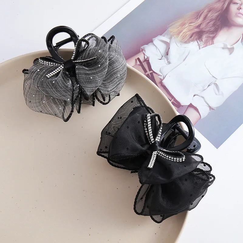 Mesh Bow Rhinestones Hair Clip for Women Elegant Hair Clamp Fashion Girl Ponytail Clip Hair Accessories