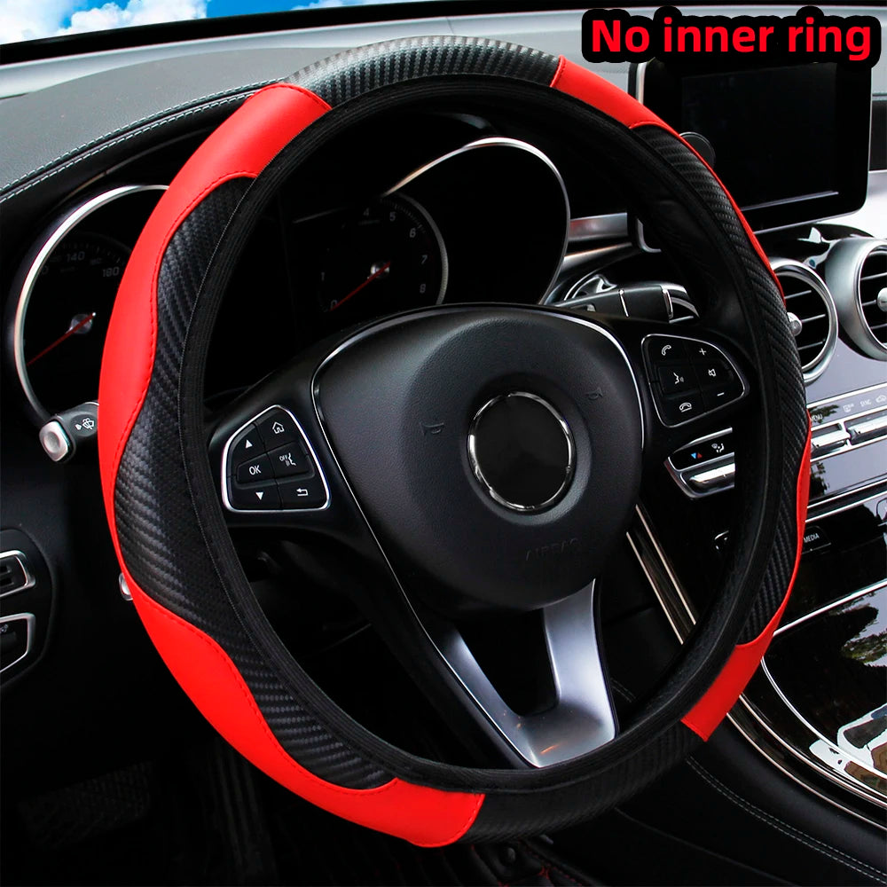 PU Carbon Fiber Leather Car Steering Wheel Cover | 14.5-15 Inch Grip Enhancer lifestyle view