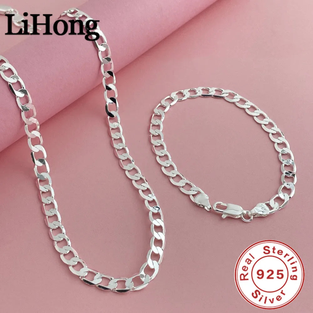 Fashion classic 925 sterling silver 6MM one to one Cuban NK necklace bracelet set suitable for women