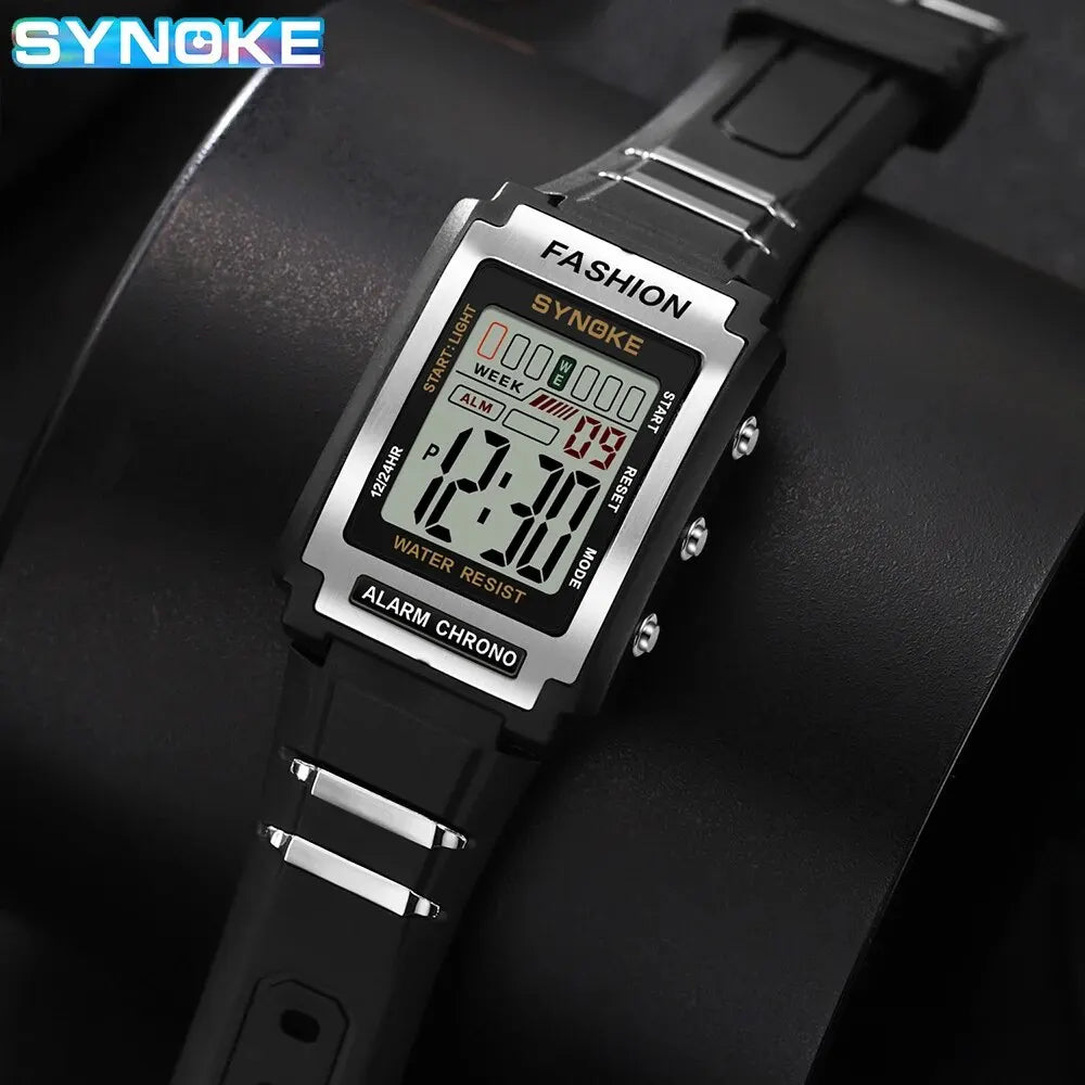 SYNOKE Men Rectangular Sports Electronic Watch Waterproof 50M Night Light Large Screen close-up view
