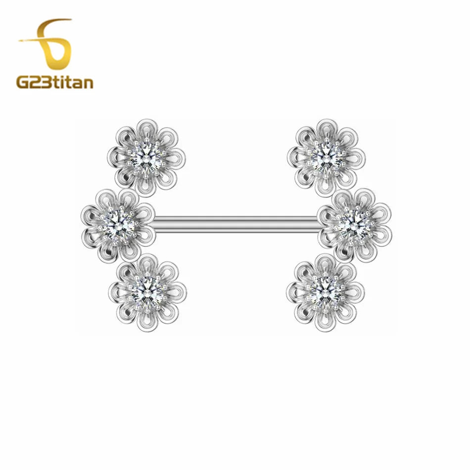 G23Titan 2pcs Zircon Flower Shape Nipple Rings 12-22mm Length 14G G23 Titanium Stai additional angle