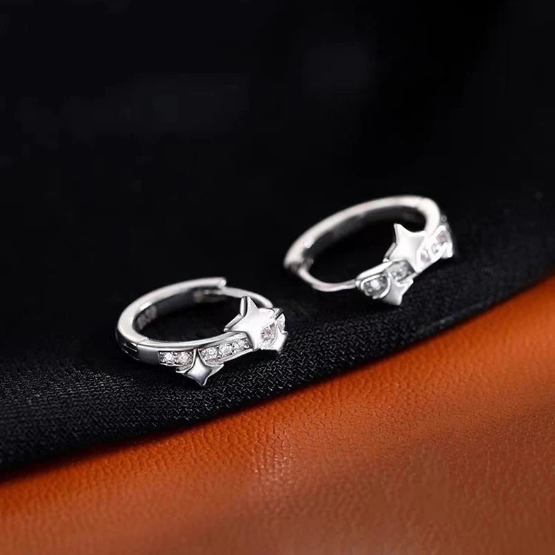 Metal Four Star Hoop Earrings for Women | Simple Zircon Geometric Circle Earrings detail view