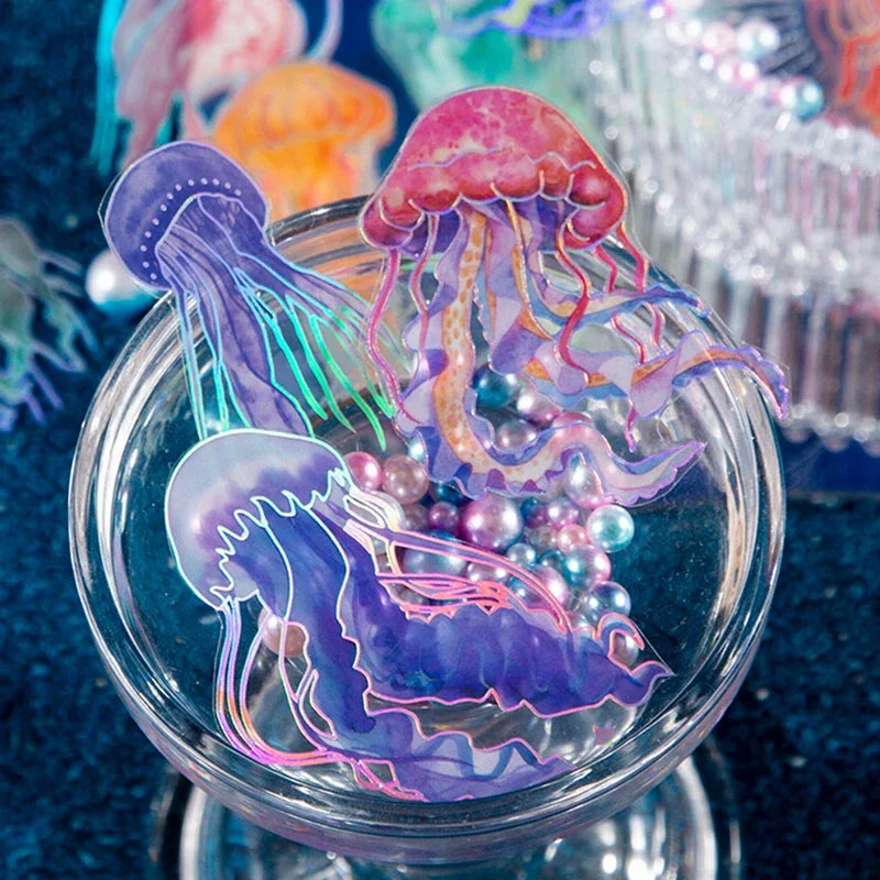 Jellyfish Theme PET Waterproof Stickers | Vintage Ocean Art for Scrapbooking lifestyle view