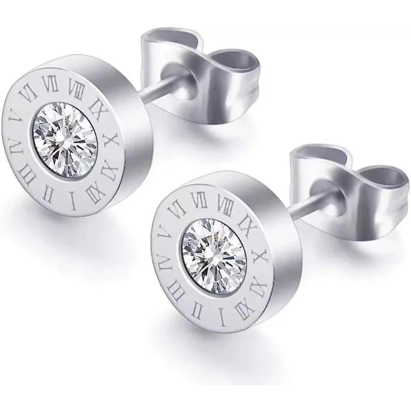 2Pcs 316 Stainless Steel Round Shine AAA CZ Diameter Roman Numeral Stud Earrings For Wom detail view