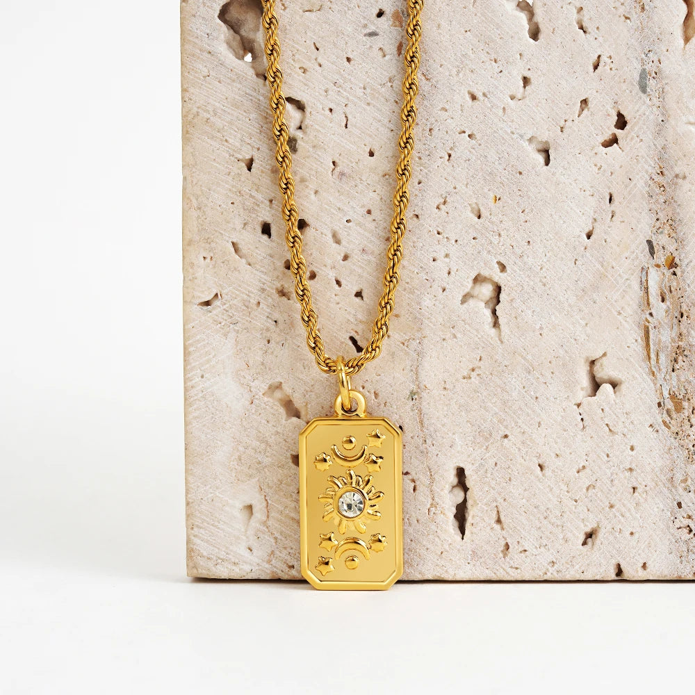Vintage Gold Pendant Necklace | Hammered Moon Star Stainless Steel Jewelry detail view