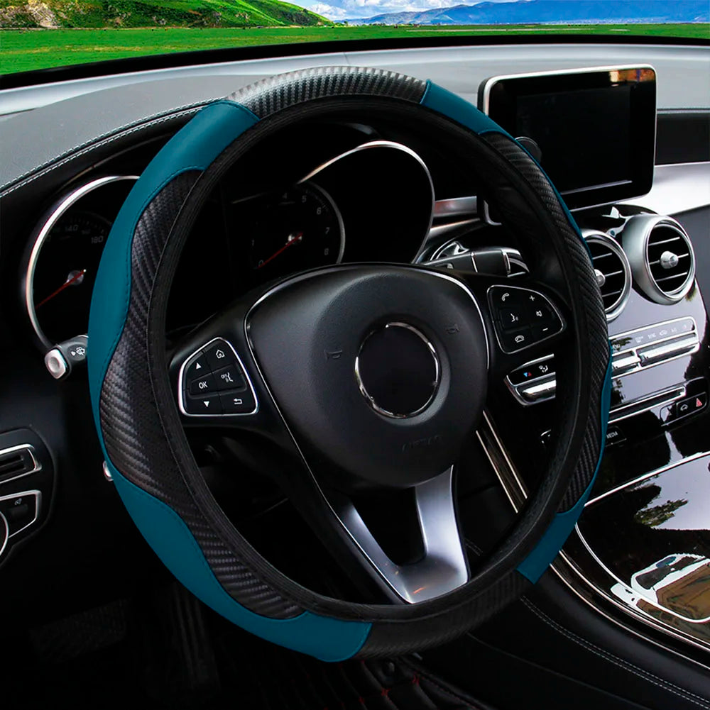 PU Carbon Fiber Leather Car Steering Wheel Cover | 14.5-15 Inch Grip Enhancer lifestyle view