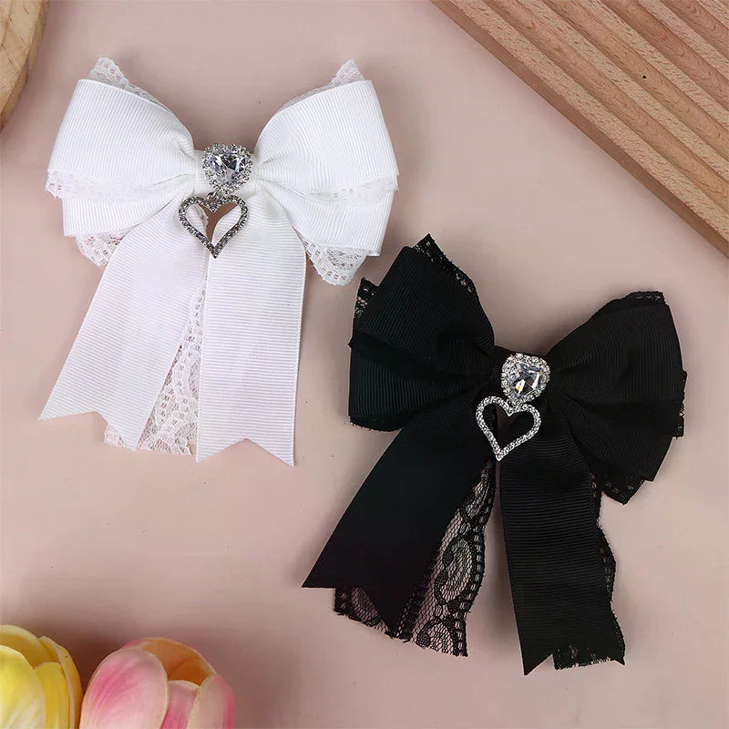 Women's Lace Bow Tie Brooches Hairclip Heart Shape Rhinestone Pendant Lolita Skirt Ac alternate view
