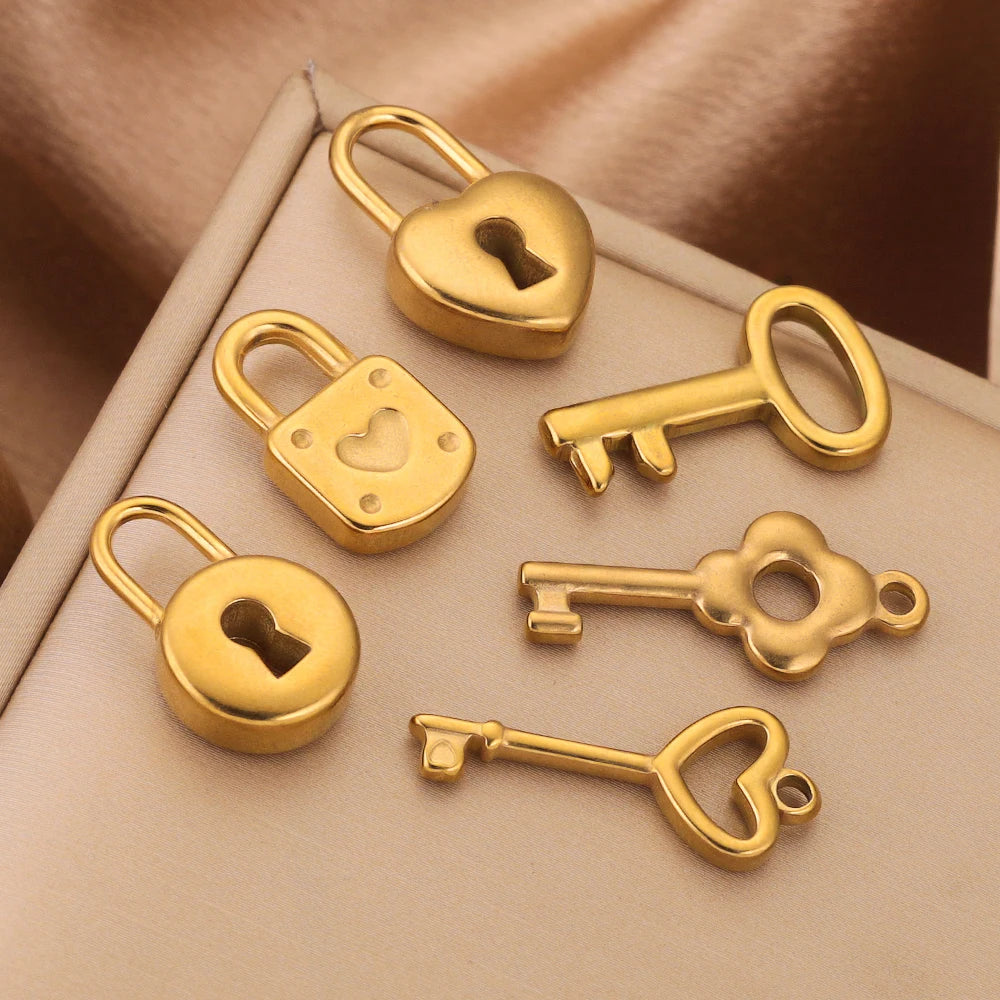 5pcs Stainless Steel Heart Lock Key Gold Plated Love Pendant Punk Hip Hop for DIY Necklace Bracelet