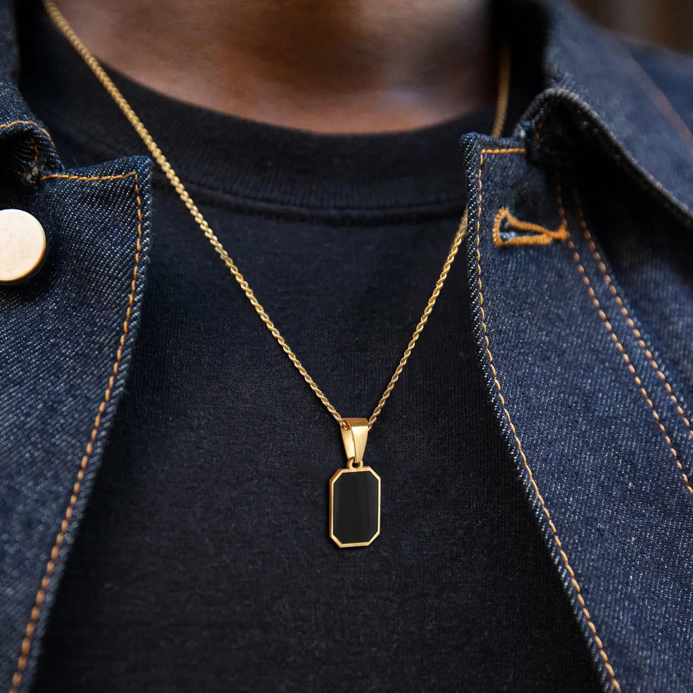 Men's Geometric Square Necklace | Black Enamel Rectangle Pendant with Rope Chain detail view