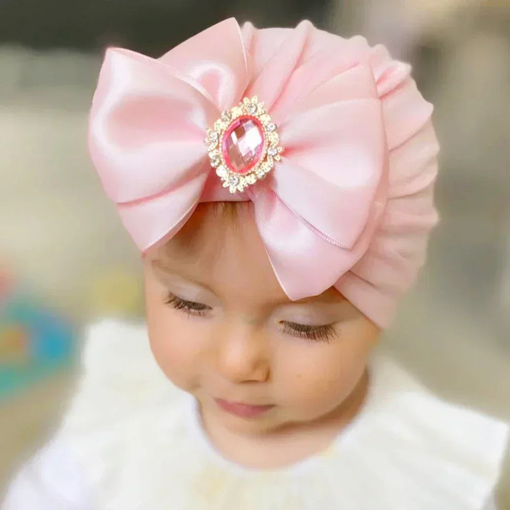 Baby Girl Bowknot Turban Hat with Rhinestone | Soft Knit Headwear for Infants