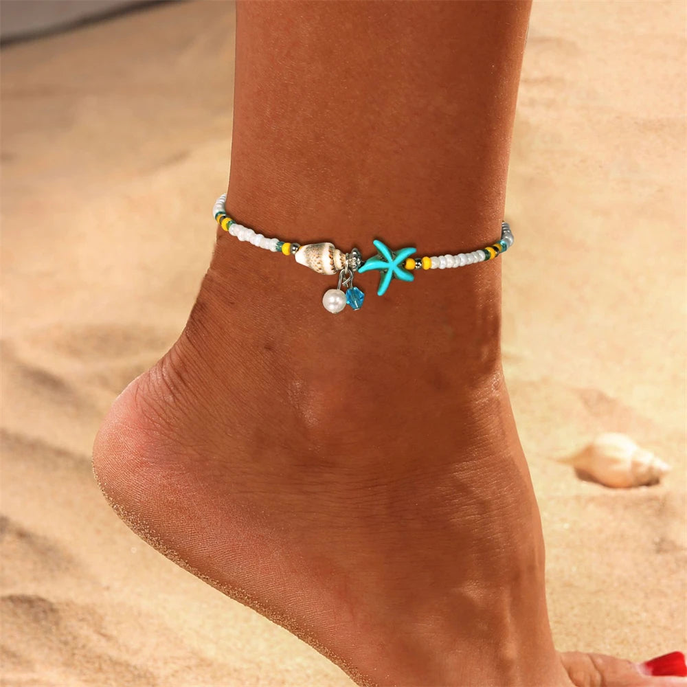 1Pc Boho Turquoise Starfish Anklets Summer Conch Rice Bead Anklet With Adjustable Chain detail view