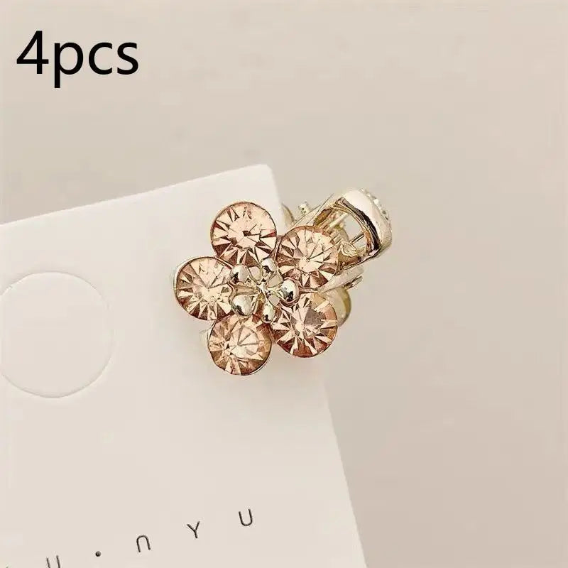 【Xia2】4Pcs Mini Rhinestone Flower Hair Clips With Shiny Crystal And Sturdy Gold Base Perfect For Braid Styling Daily Wear{S}
