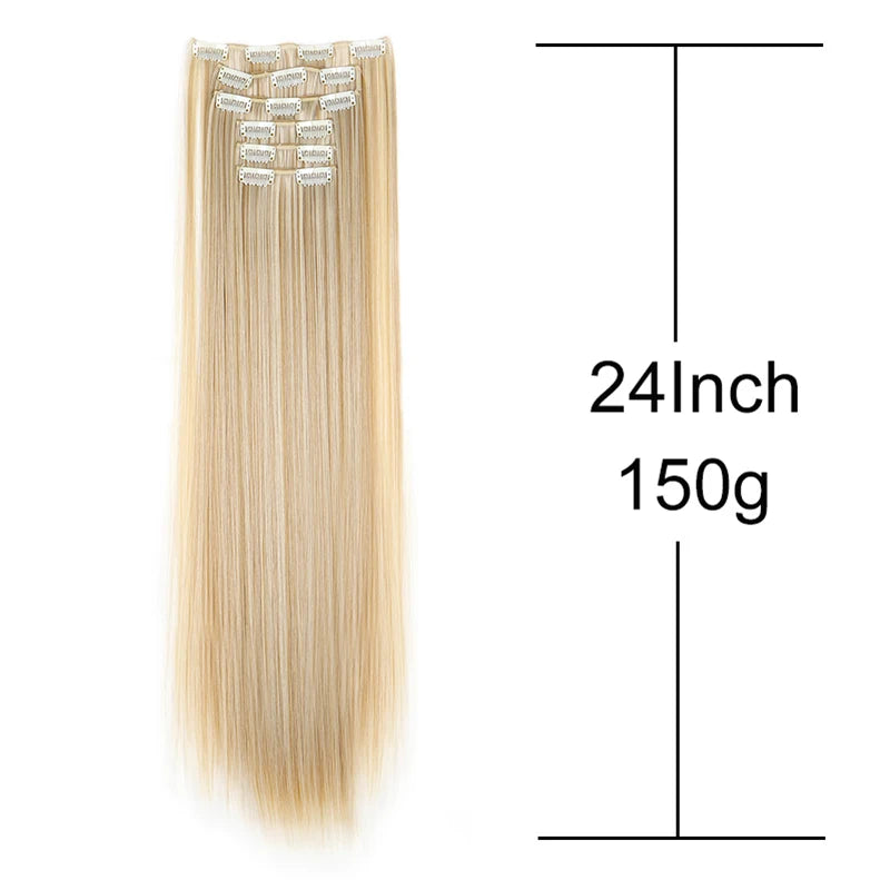 Synthetic 24 Inch Clip In Hair Extensions | Long Straight Blonde Black Heat Resistant close-up view