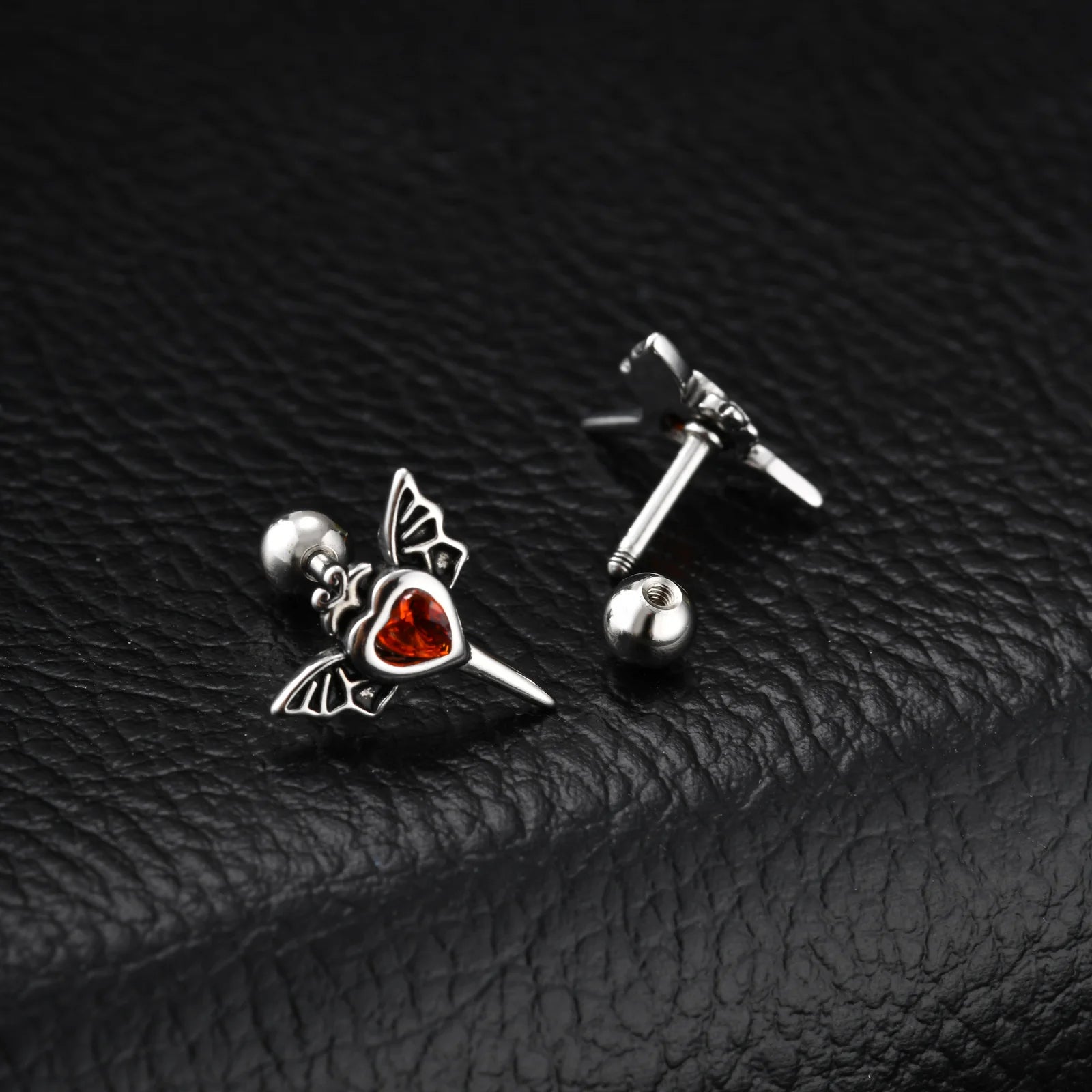 Stainless Steel Heart Zircon Wings Stud Earrings | Unisex Vintage Punk Gothic Jewelry lifestyle view