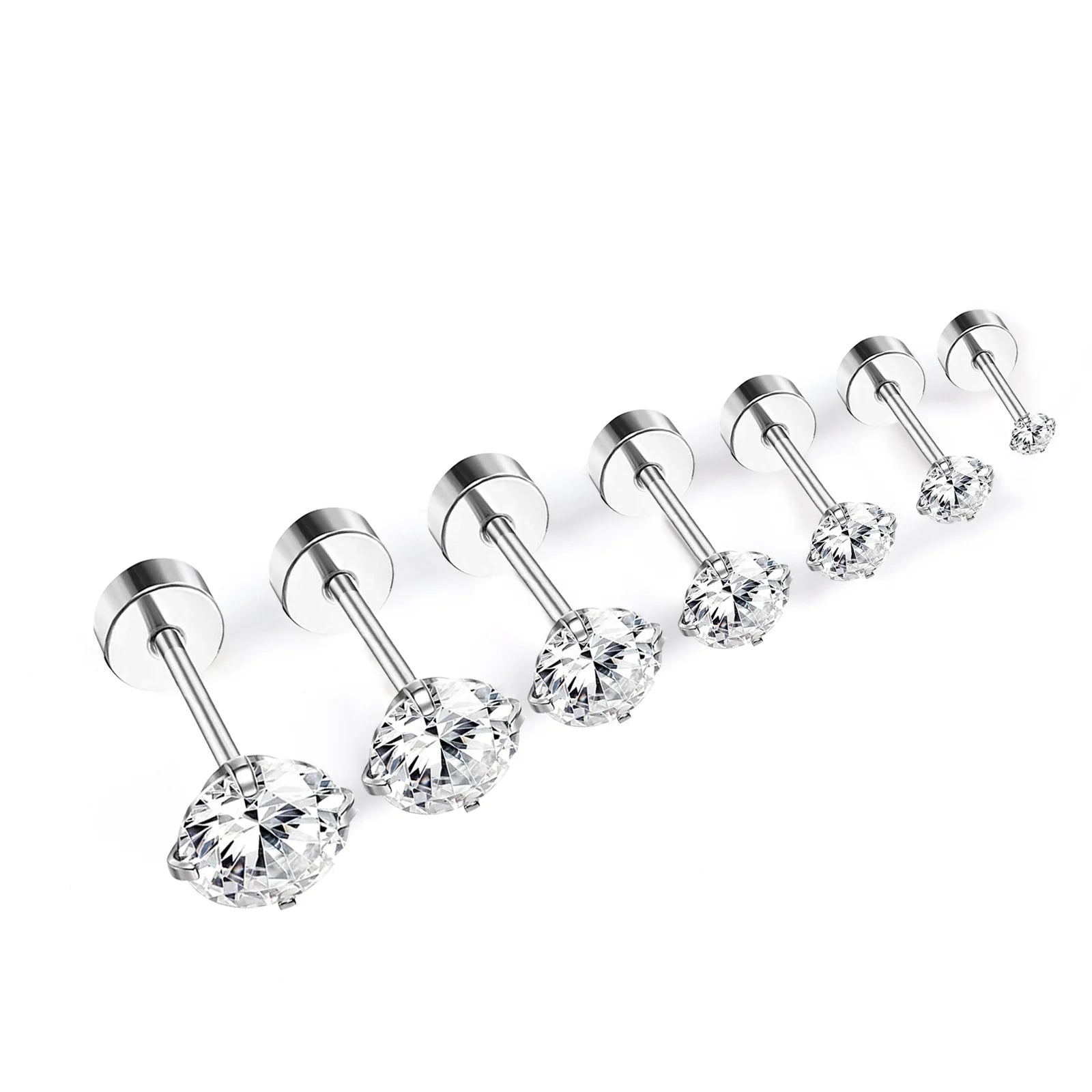 LUXUSTEEL Stainless Steel Round Cubic Zirconia Stud Earrings | Silver Screw-Back Ea additional angle