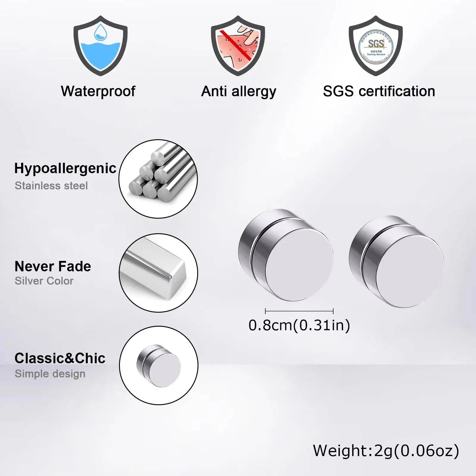 Vnox Magnetic Clip Earrings Non Piercing, Hip Hop Zircon Studs for Men Women, Fashion close-up view