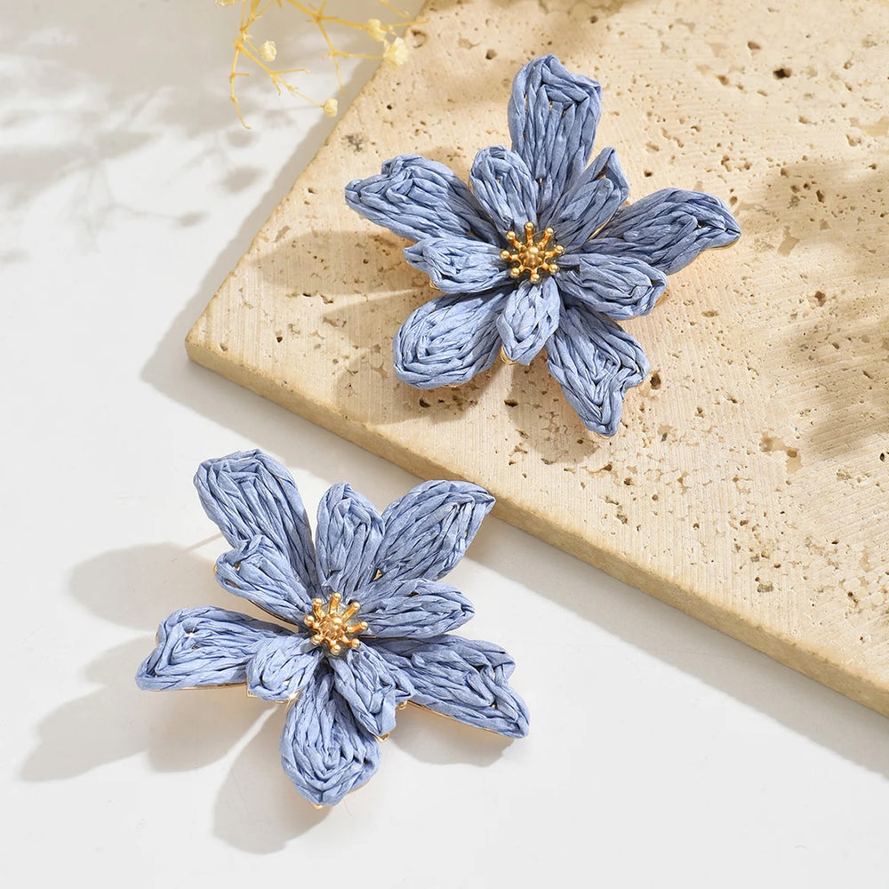 Boho Handmade Raffia Flower Earrings | Unique Summer Floral Drop Earrings for Women lifestyle view