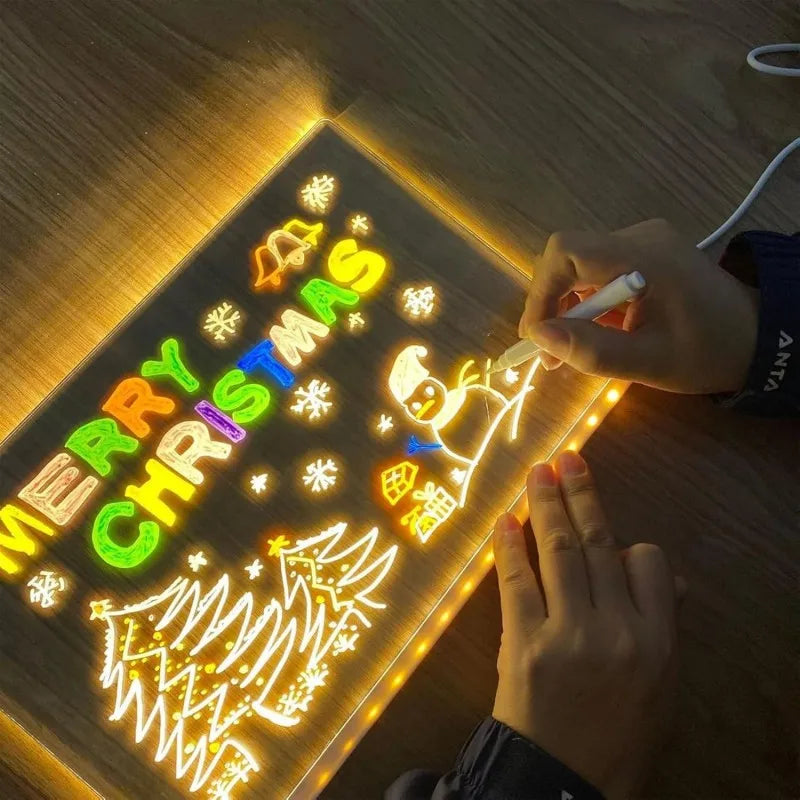 Light Up Acrylic Message Board Night Light | Rewritable DIY Glowing Drawing Board with 7 Colorful Pe