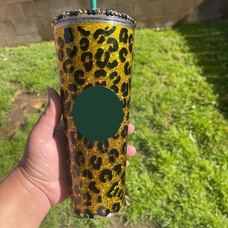 Leopard Pattern Full Wrap Vinyl Sticker for 24 oz Cold Cup | Cheetah Coffee Cup Decal close-up view
