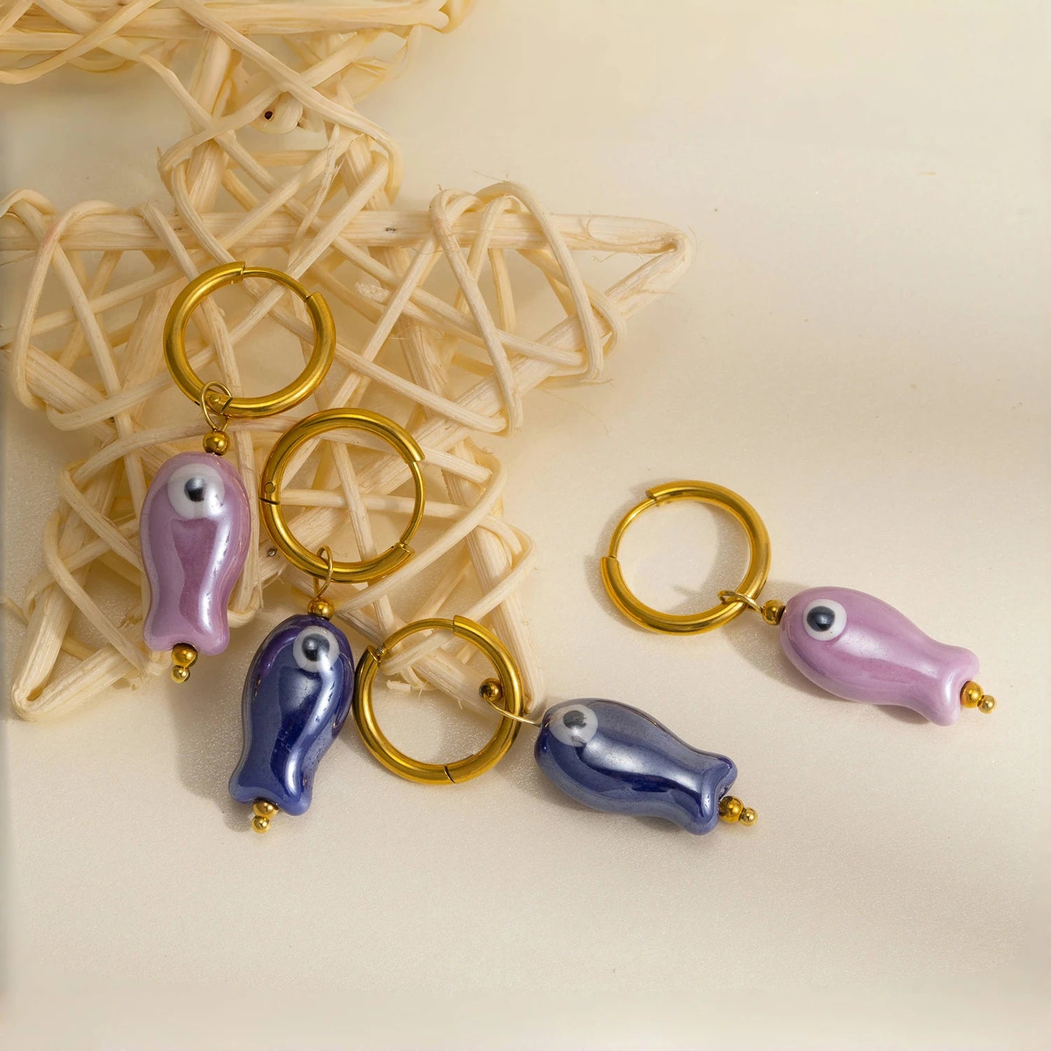 Stainless Steel Ceramic Fish Earrings | Colorful Dopamine Jewelry for Women close-up view