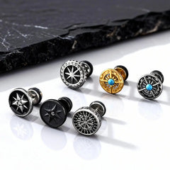 Vintage Men's Compass Stud Earrings | Stainless Steel Eight-Pointed Star Fashion Jewelry