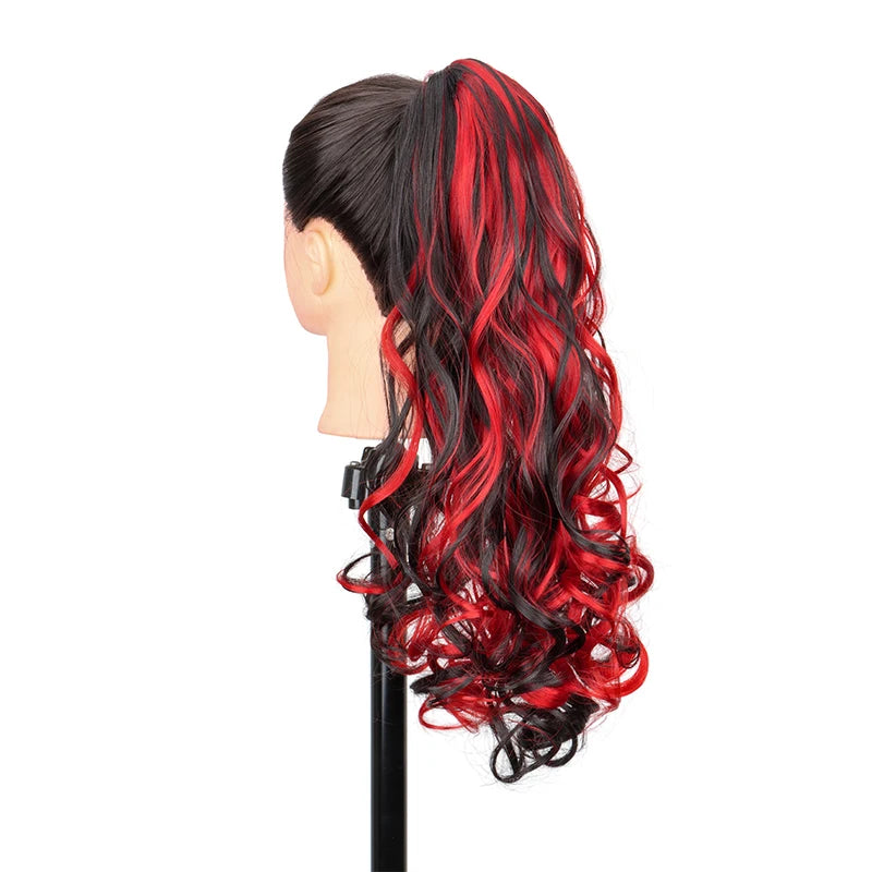 Synthetic 20Inch Long Curly Ponytail Claw Clip in Hair Extension Mixed Red Purple Hair close-up view