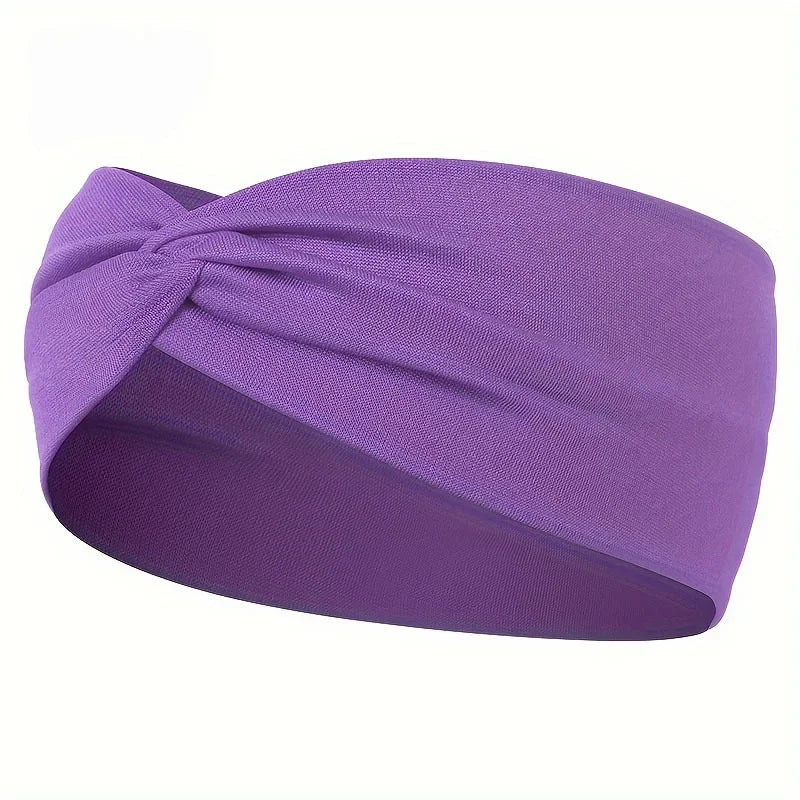 Simple Solid Color Cross Knotted Elastic Wide Headband Women Unisex Sports Yoga Hair B close-up view