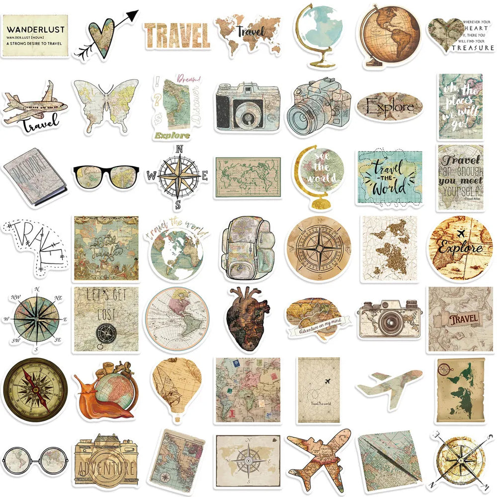 50 Pcs Travel Clock Map Graffiti Stickers | Waterproof Decals for Bike Laptop Pencil C close-up view
