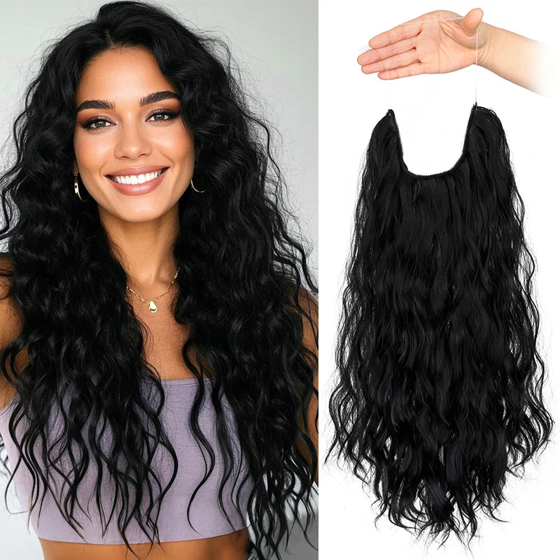Long Synthetic Fishing Line Hair Extensions Elegant Water Wave Curly Styles for Women lifestyle view