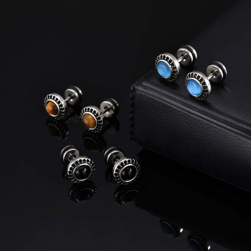 Men's Tiger Eye Stone Stud Earrings | Natural Gemstone Punk Earrings for Men additional angle